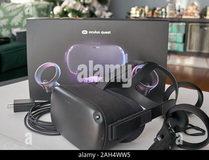 Montreal, Canada - December 23, 2019: Oculus Quest VR headset and controllers. The Oculus Quest is a first all in virtual reality wireless headset and Stock Photo