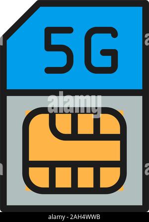 SIM card with fast 5G internet flat color line icon. Stock Vector