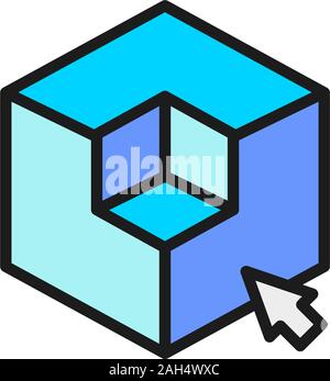 3D modeling, 3 dimensional model, cube geometric shape flat color line icon. Stock Vector