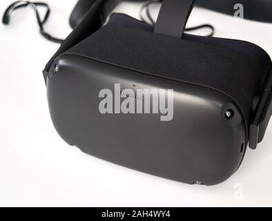 Montreal, Canada - December 23, 2019: Oculus Quest VR virtual reality headset over white background. The Oculus Quest is a virtual reality headset and Stock Photo