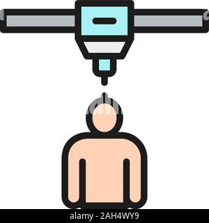 3d printing a man toy model, industrial printer flat color line icon. Stock Vector