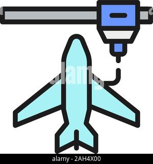 3d printing a toy airplane model, industrial printer flat color line icon. Stock Vector
