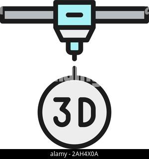 3d modeling, industrial printer, 3 dimensional model flat color line icon. Stock Vector