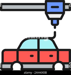 3d printing a car parts, industrial printer flat color line icon. Stock Vector
