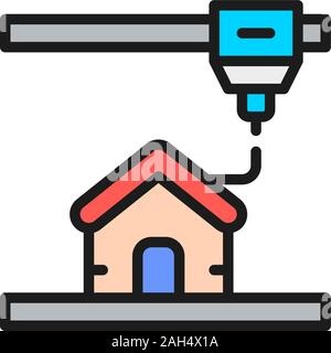 3d printing a house, industrial printer flat color line icon. Stock Vector
