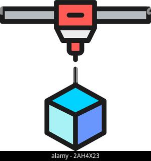 3d printing a cube, industrial printer, industrial laser flat color line icon. Stock Vector