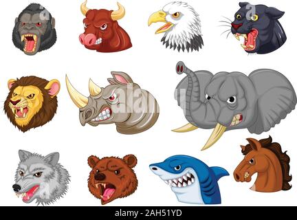 Cartoon angry animals head collection set Stock Vector