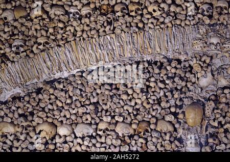Wall made with bones in The Chapel of Bones in Evora, Alentejo, Portugal Stock Photo