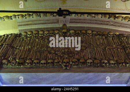 Wall made with bones in The Chapel of Bones, church of Saint Francis. Evora, Alentejo, Portugal Stock Photo