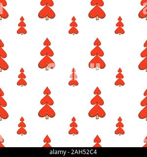 Vector seamless pattern with hand drawn Christmas trees made of hearts isolated on white background. Endless texture in red color. Wrapping paper Stock Vector