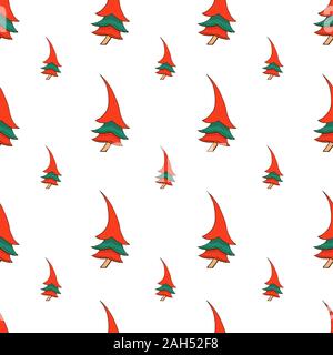 Vector seamless pattern with hand drawn Christmas trees in red and green colors isolated on white background. Endless texture. Wrapping paper Stock Vector
