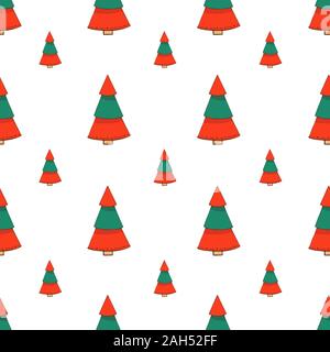 Vector seamless pattern with hand drawn Christmas trees in red and green colors isolated on white background. Endless texture. Wrapping paper Stock Vector