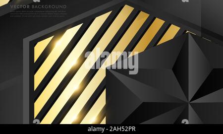 abstract vector black background. gray polygon with gold light effect and gold rectangle. Vector Illustration For Wallpaper, Banner, Background, Card Stock Vector