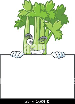 Grinning celery plant cartoon character style hides behind a board Stock Vector