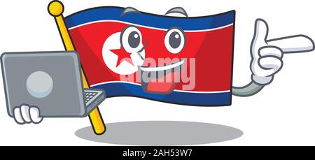 Cute and smart flag north korea Scroll working with laptop Stock Vector