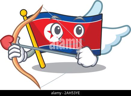 Cute flag north korea Scroll Cupid cartoon character with arrow and wings Stock Vector