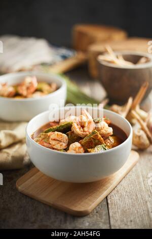 Spicy and Soup Curry with Shrimp and Vegetable Omelet. Stock Photo