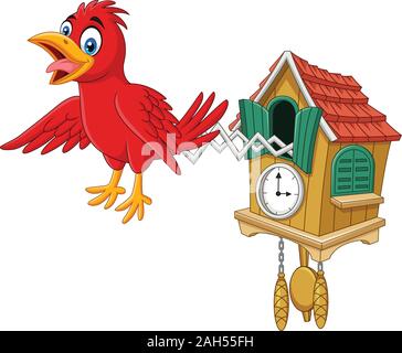 Cuckoo clock with red bird chirping Stock Vector