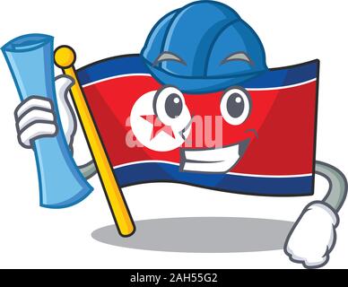 Cheerful Architect flag north korea Scroll with blue prints and blue helmet Stock Vector