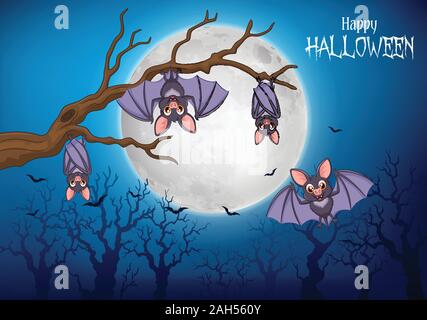 Cartoon funny bats hanging on tree with halloween background Stock Vector