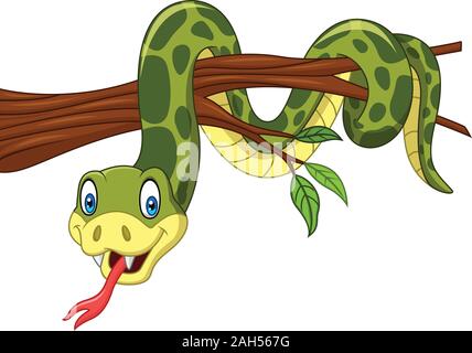 Cartoon green snake on tree branch Stock Vector