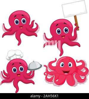 Cartoon funny octopus collection set Stock Vector