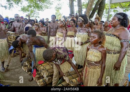 People sing at a polling station after casting votes in a local referendum in Bougainville, Papua New Guinea, on Nov. 23, 2019. (Kyodo)==Kyodo Photo via Credit: Newscom/Alamy Live News