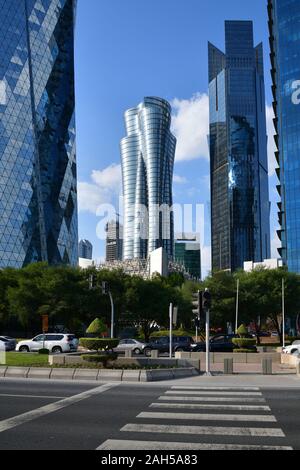 Doha, Qatar - Nov 24. 2019. Road to Work - NOC Tower and palm tower Stock Photo