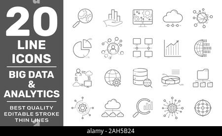 Big Data, Database analytics, information technology, digital processign icons lines set isolated vector illustration. Editable Stroke. EPS 10 Stock Vector