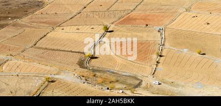 Abstract geometric shape agriculture parcel field of different crops on yellow meadow. Dry Arid Climate region. Ariel view. Rectangle shape panorama l Stock Photo