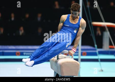 Szczecin, Poland, April 10, 2019: Ludovico Edalli of Italy competes on the pommel horse during the artistic gymnastics championships Stock Photo