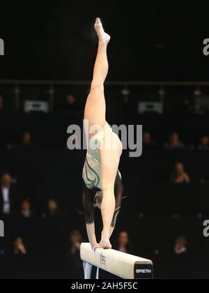 Szczecin, Poland, April 11, 2019: Ana Derek of Croatia competes on the balance beam during the artistic gymnastics championships Stock Photo