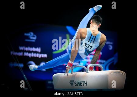 Szczecin, Poland, April 12, 2019: Marios Georgiou of Cyprus competes on the pommel horse during the European gymnastics championships Stock Photo