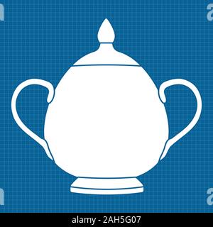 Sugar pot. White outline icon on blueprint background. Vector illustration. Stock Vector
