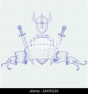 Warrior accessories. Shield, swords, helmet. Hand drawn blue sketch on lined paper background Stock Vector