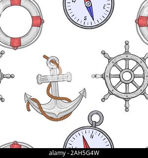 Nautical elements seamless pattern. Hand drawn colored sketch Stock Vector