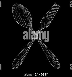 Cutlery. Spoon and fork. Hand drawn sketch. White on black background. Vector illustration. Stock Vector