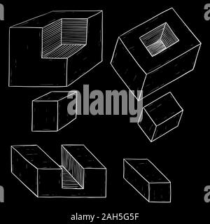 Geometric figures. Cube shapes. Hand drawn sketch. Vector illustration on black background. Stock Vector