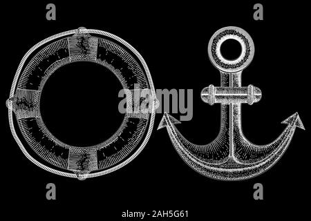 Lifebuoy and anchor - sea symbols. Hand drawn sketch. Vector illustration on black background. Stock Vector