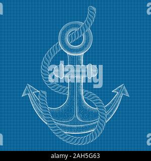 Anchor. Sea symbol. Hand drawn sketch. Vector illustration on blueprint background. Stock Vector