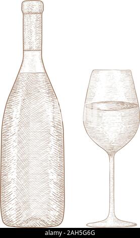 Bottle of wine with glass. Hand drawn sketch. Vector illustration isolated on white background. Stock Vector