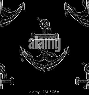 Anchor with rope. Seamless pattern. Hand drawn sketch on black background Stock Vector