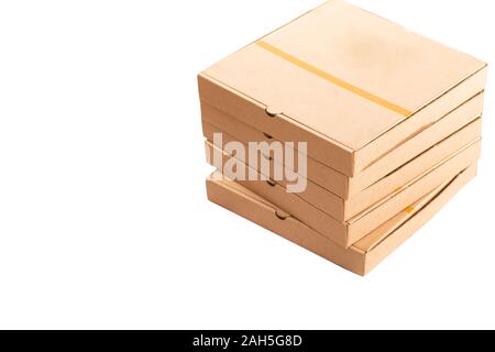 pizza delivery banner. stack brown pizza box on white background. Stock Photo