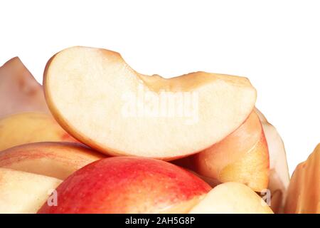 Isolated apple slice. Red apple fruit slice, cut isolated on white. Stock Photo