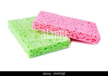 Rectangular green and pink cellulose washing sponges with coarse and soft sides Stock Photo