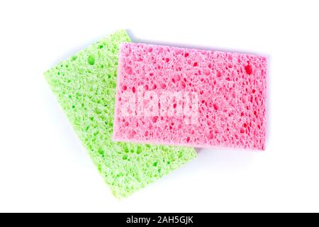 Rectangular green and pink cellulose washing sponges with coarse and soft sides Stock Photo