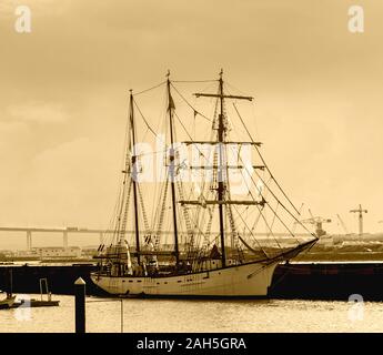 Digitally enhanced image of a three masted tall ship moored at Figueira da Foz, Portugal Stock Photo