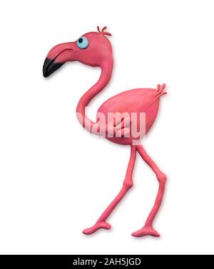 Plasticine cartoon flamingo closeup isolated on white background. Plasticine bird cast by hand. View from above. Stock Photo