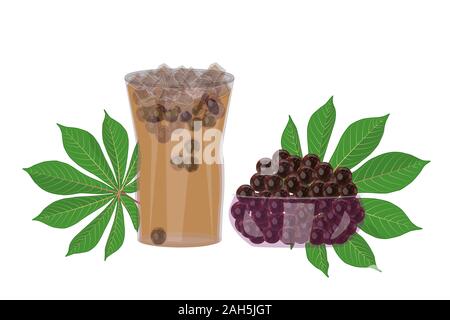 Bubble tea, tapioca pearls and cassava leaf isolated on white background. Tapioca gelled black balls for Boba tea with manioca leaf and ice cubes. Stock Vector