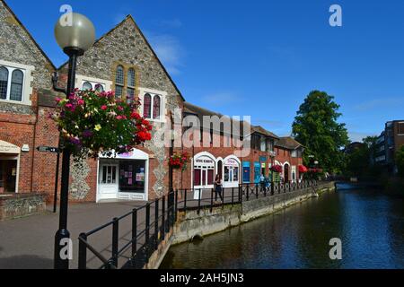 Shops beside the river in The Maltings, Salisbury, Wiltshire, UK Stock Photo